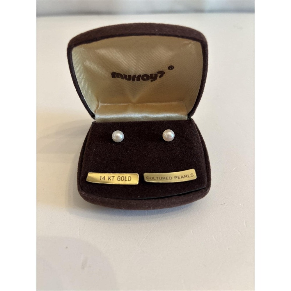 Vintage Murray's 14kt Gold Cultured Pearl Studs In Brown Velvet Box Ocean Sea‎